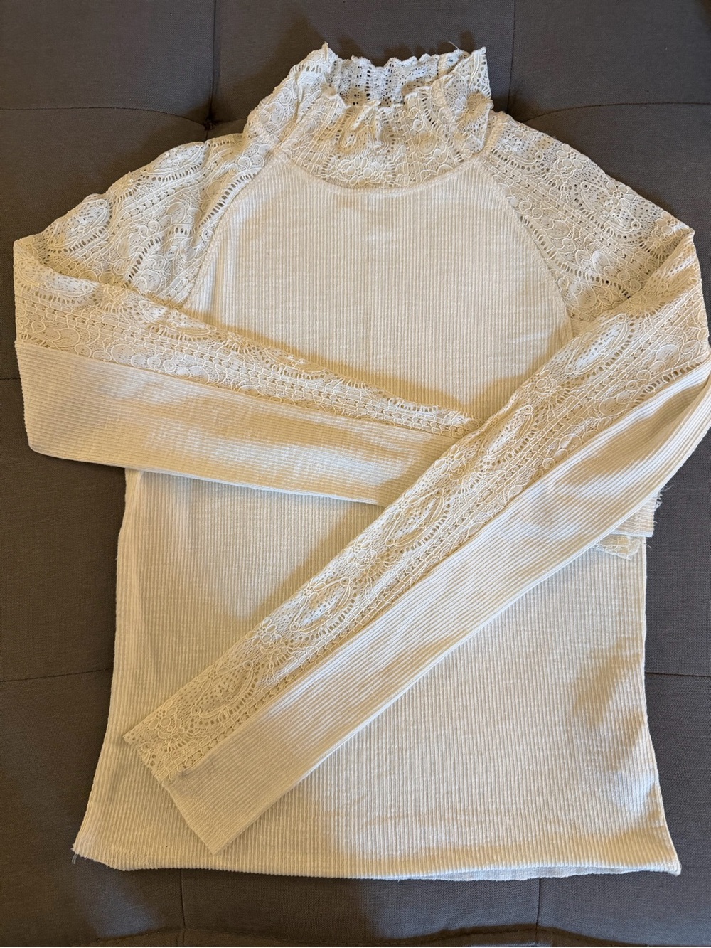 Free People Cream Lace-Trim Ribbed Long Sleeve Top